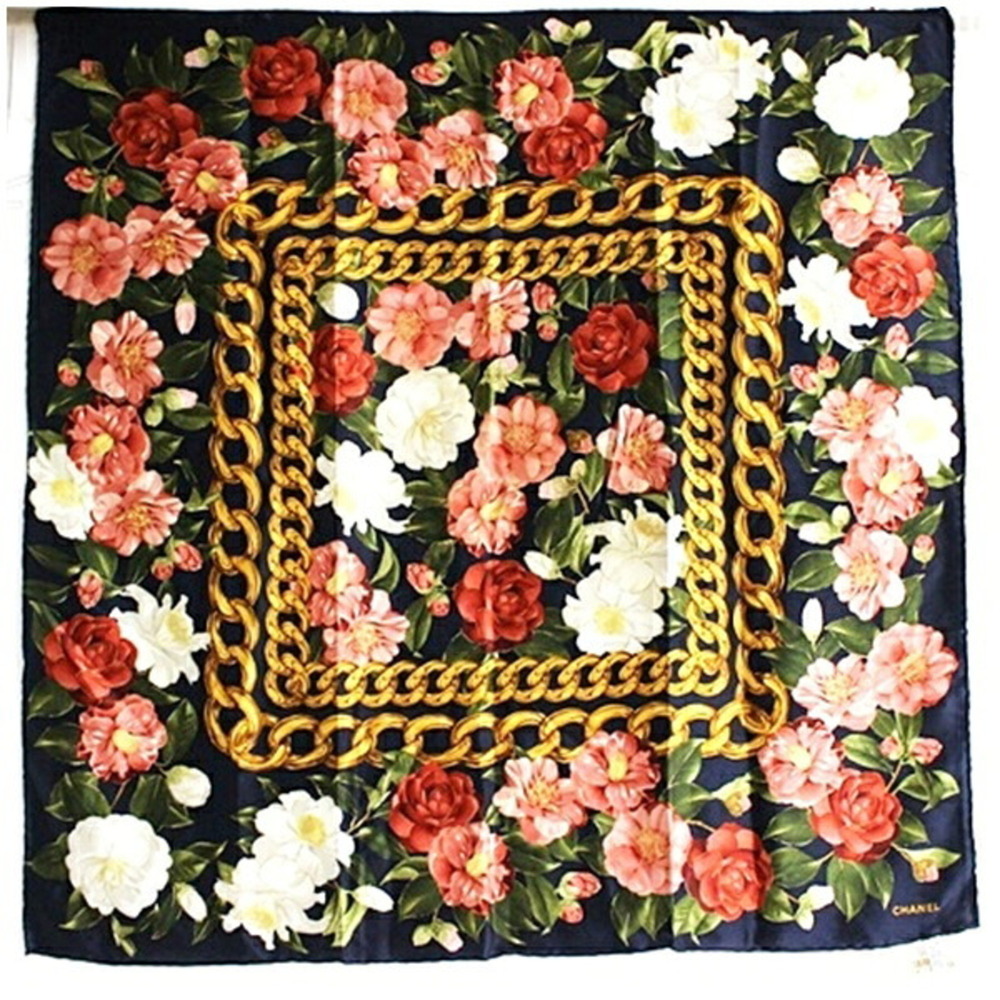 Chanel Silk Scarf Muffler Navy x Multicolor Camellia Pattern CHANEL Women's